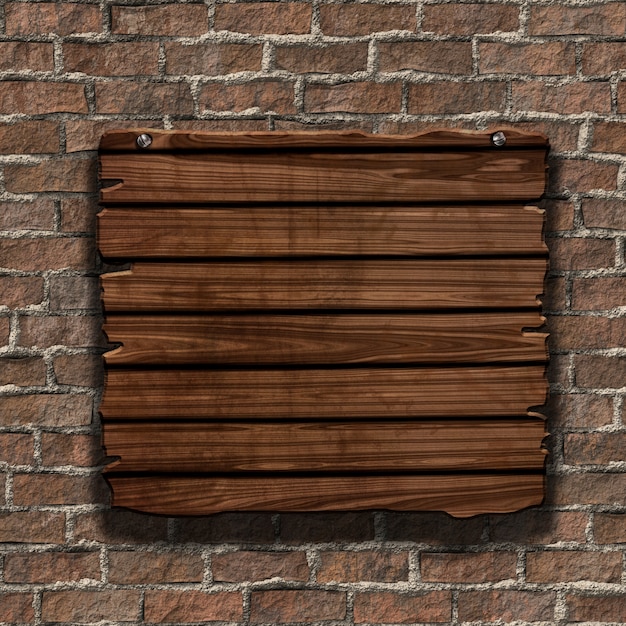 3d render de un signo de madera grunge en una pared de ladrillo de edad