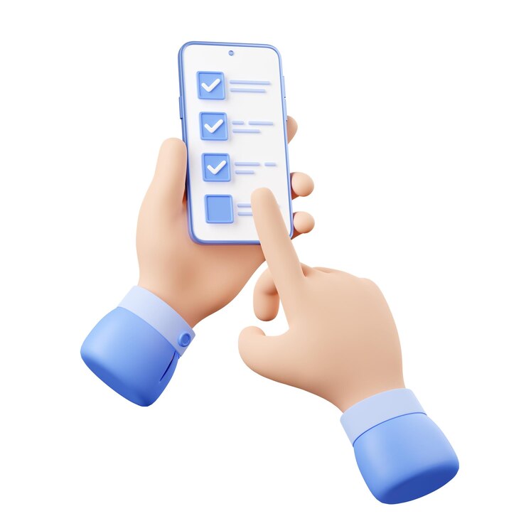 Photo Gratis 3d render smartphone dengan tangan mengisi survei online