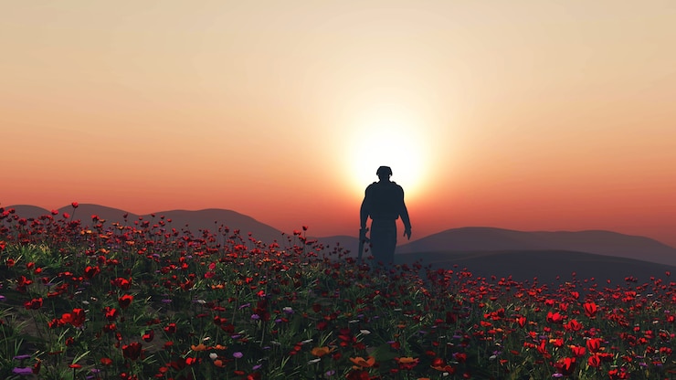Foto gratuito 3d render de un soldado caminando en un campo de amapola