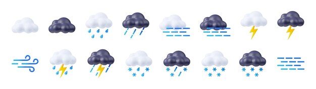 3D Render tiempo iconos nubes con relámpagos
