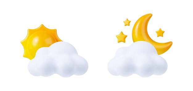 3d render tiempo iconos sol media luna nubes