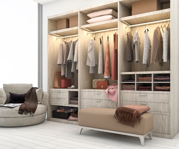 3d rendering moderno escandinavo de madera blanca walk in closet con