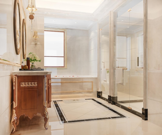 3d renderizado moderno baño blanco de madera y piedra