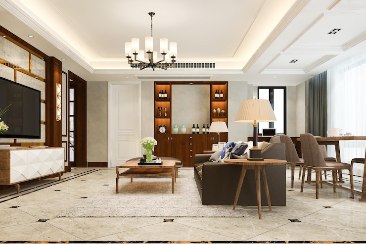 Foto gratuito 3d renderizado moderno comedor y sala de estar con decoración de lujo