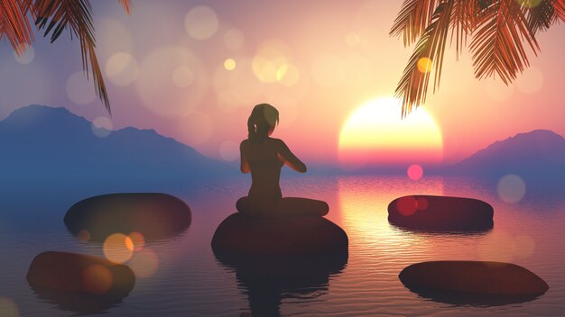 3D rinden de una hembra en actitud de la yoga contra el cielo de la puesta del sol