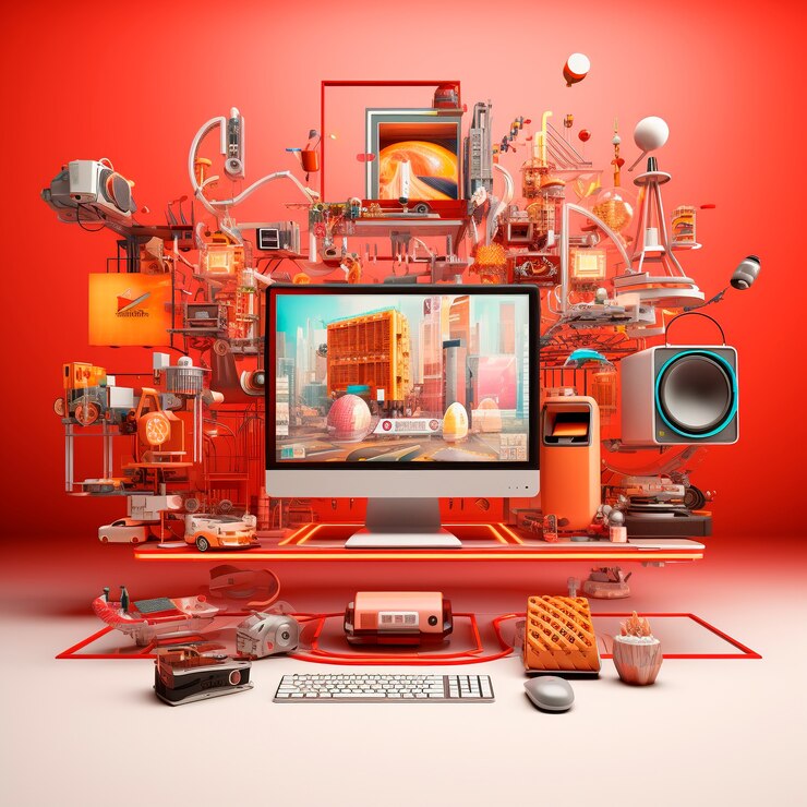 Photo Gratis 3d workstation with computer and peripheral devices