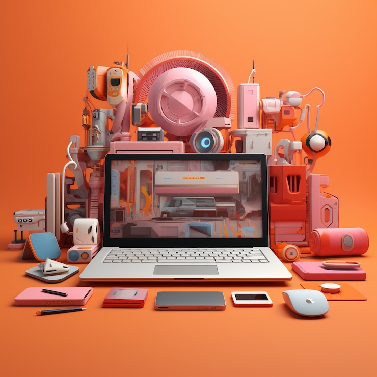 Photo Gratis 3d workstation with computer and peripheral devices