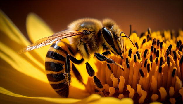 Una abeja amarilla vibrante que poliniza una hermosa IA generativa de flores