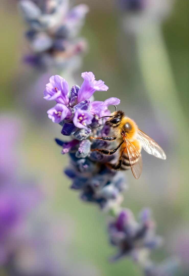 Abeja en la flor de lavanda: una foto macro de la polinización