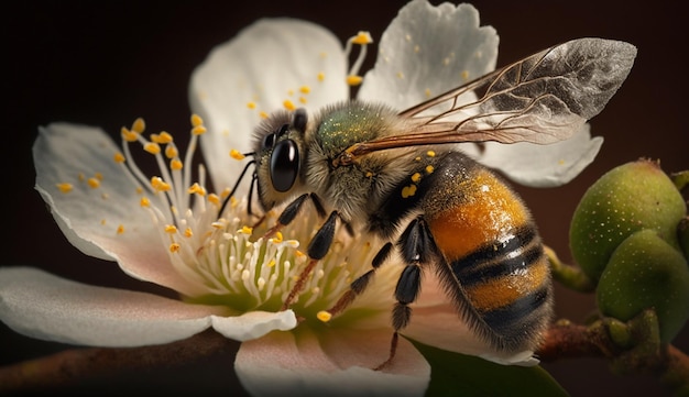 Foto gratuita abeja ocupada poliniza flor recolectando polen amarillo generado por ia