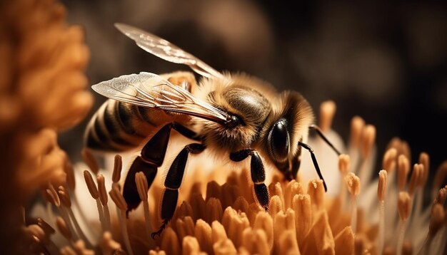 Abeja ocupada recolectando polen amarillo de una flor generada por IA