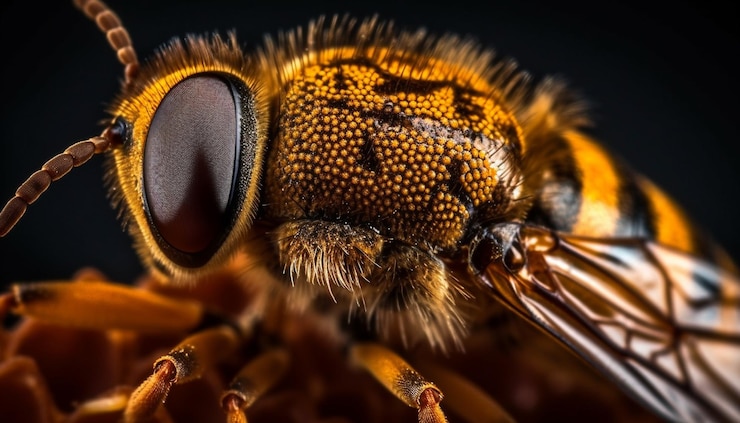 Foto gratuito abeja de rayas amarillas y negras poliniza flor generada por ia