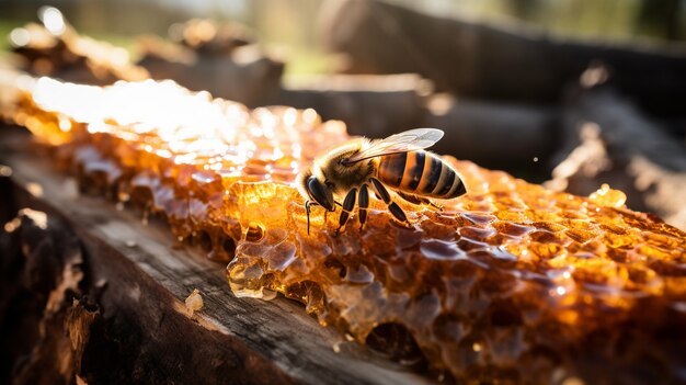 Abeja trabajadora llenando panales de miel