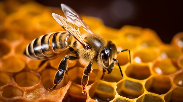 Abeja trabajadora llenando panales de miel