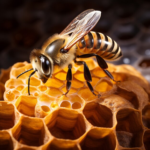 Abeja trabajadora llenando panales de miel