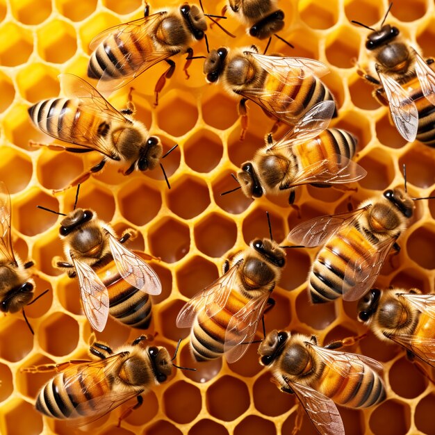 Abejas obreras trabajando en sus panales de miel.