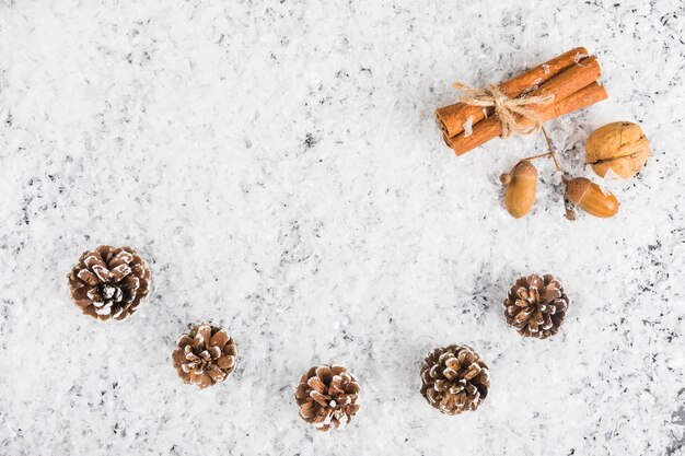 El abeto se engancha cerca de la canela y las nueces