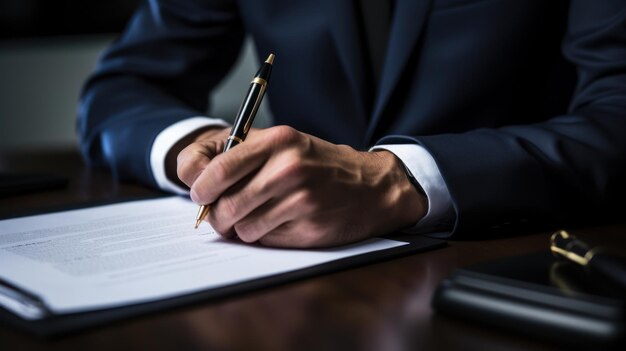 Abogado examinando y firmando un documento pancarta panorámica con espacio para copiar