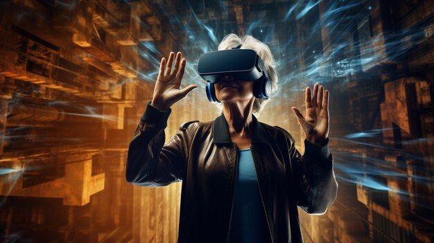 Abuela con gafas vr en ciudad futurista