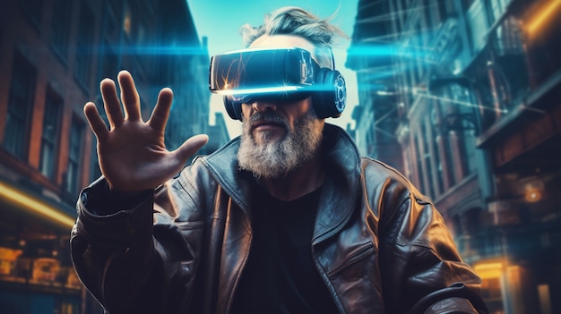 Abuelo con gafas vr en ciudad futurista