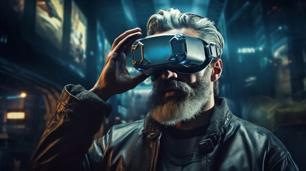 Abuelo con gafas vr en ciudad futurista