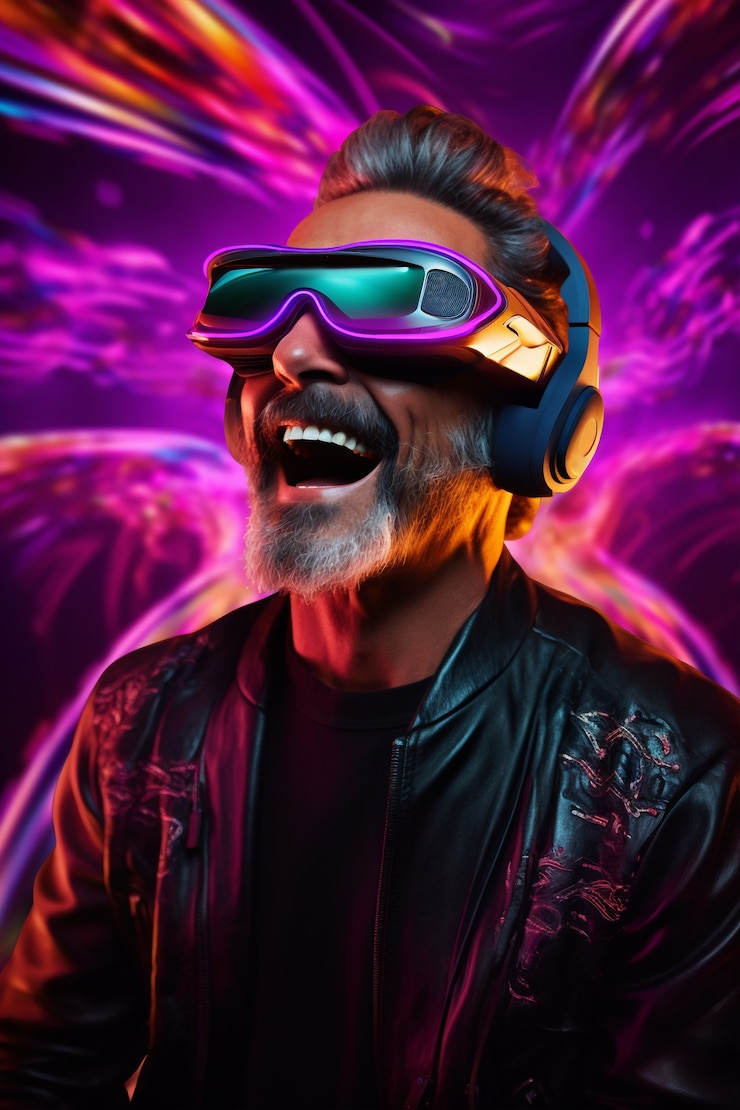 Foto gratuito abuelo con gafas vr en la ciudad futurista