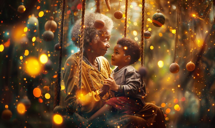 Foto gratuito los abuelos pasan tiempo con sus nietos en un entorno mágico y fantástico.