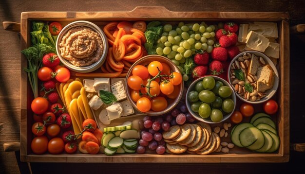 Abundancia de alimentos orgánicos frescos en una mesa rústica generada por IA