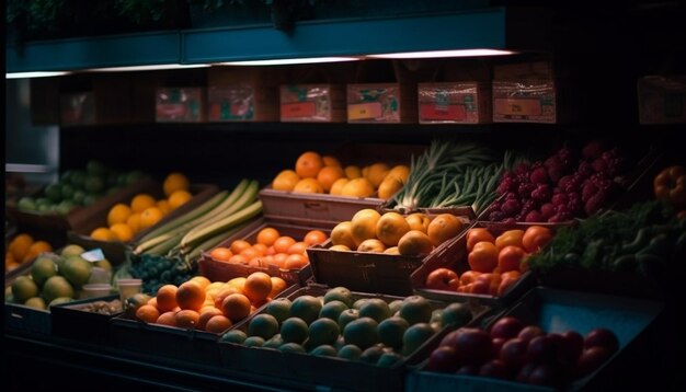 Abundancia de comestibles frescos, maduros y saludables al aire libre generados por IA