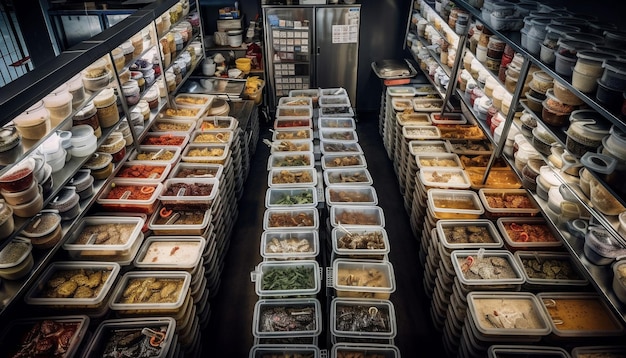 Abundancia de pescados y mariscos frescos en un supermercado generado por IA