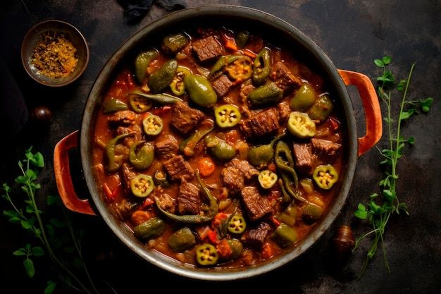 Foto gratuita abundante estofado de carne y okra en cazuela sobre mesa de madera vista superior comida tradicional africana