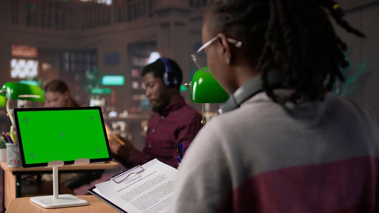 Foto gratuito un académico universitario escribe ideas de proyectos junto a la pantalla verde en una tableta