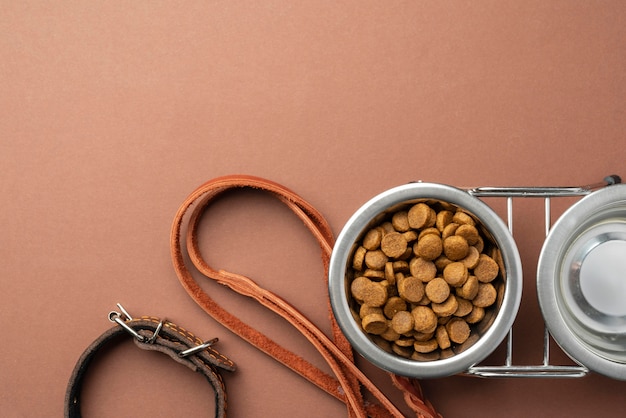 Accesorios para mascotas bodegón con comida seca en un tazón