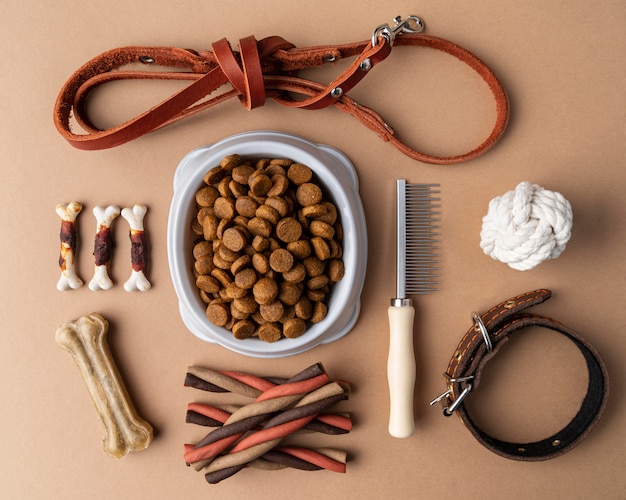 Accesorios para mascotas bodegón con plato de comida y golosinas