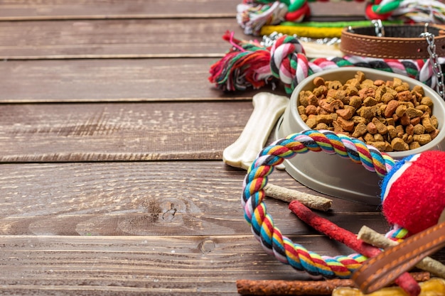 Accesorios para mascotas comida juguete vista superior