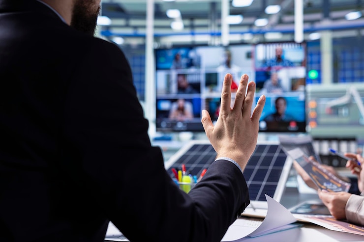 Foto gratuito los accionistas de la fábrica de paneles solares hacen la planificación durante una videoconferencia en línea