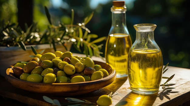 Foto gratuita aceite virgen puro fresco y aceitunas en la mesa, productos naturales de una granja tradicional.