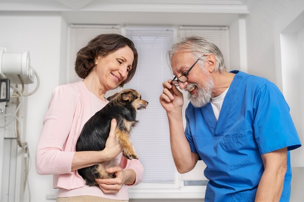 Acercamiento al médico veterinario cuidando a la mascota