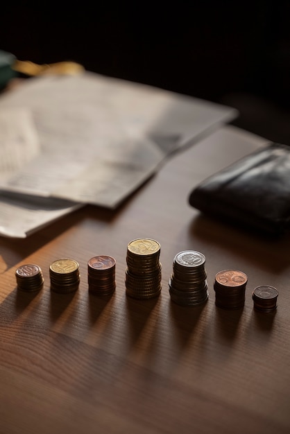 Foto gratuita acercamiento a las monedas guardadas para los gastos de la crisis energética