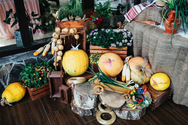 Acogedor rincón decorado con bloques de madera, calabazas y vegetación