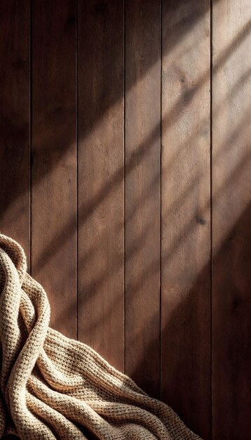 Acogedora manta de punto sobre un fondo de madera