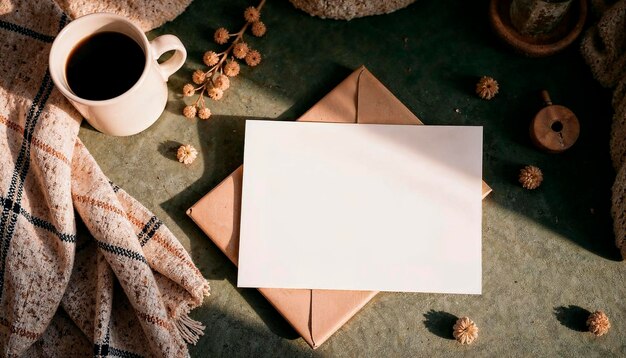 Acogedora papelería plana con decoración rústica y café