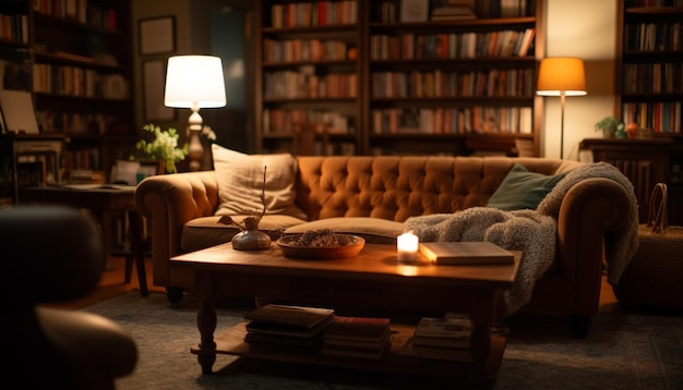 Foto gratuita una acogedora sala de estar moderna con un cómodo sofá y una estantería generada por ia