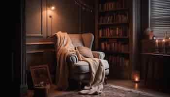 Foto gratuita una acogedora sala de estar moderna con estantería iluminada y un cómodo sofá generado por ia