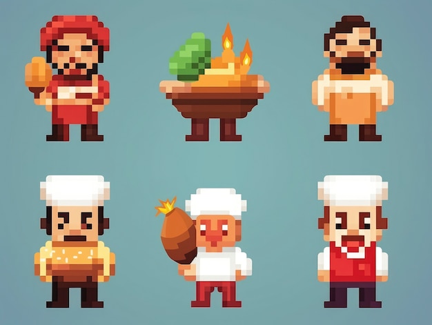 Foto gratuita activos de juego de personajes de cocina de 8 bits