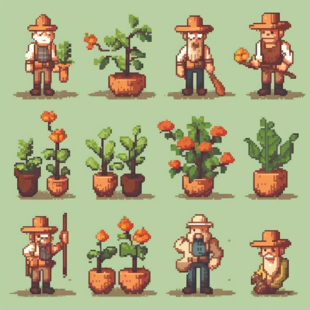 Foto gratuita activos de juego de personajes de jardineros de 8 bits