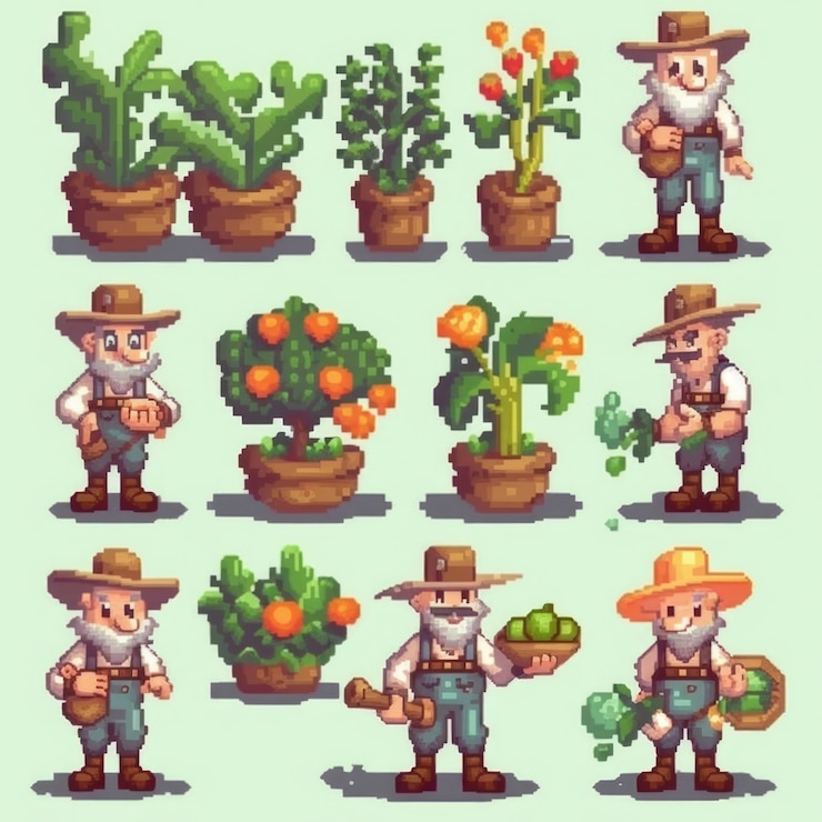 Foto gratuito activos de juego de personajes de jardineros de 8 bits