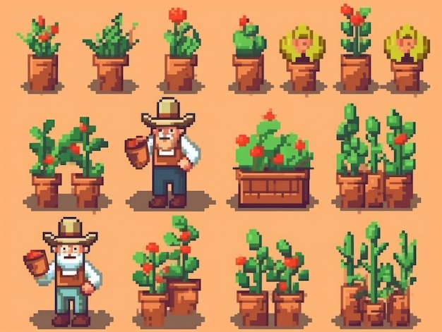 Foto gratuita activos de juego de personajes de jardineros de 8 bits