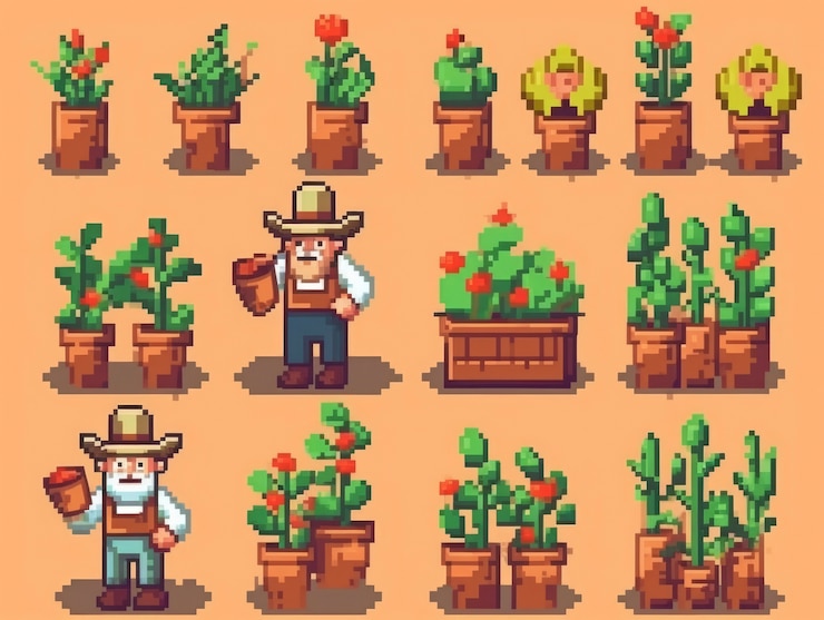 Foto gratuito activos de juego de personajes de jardineros de 8 bits