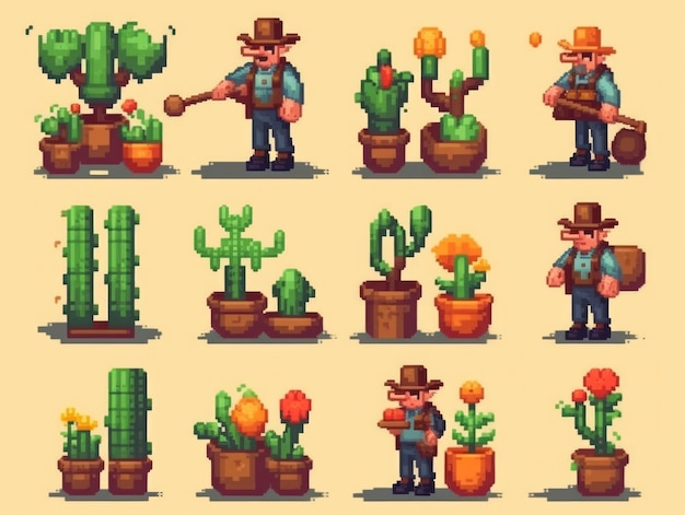 Foto gratuita activos de juego de personajes de jardineros de 8 bits